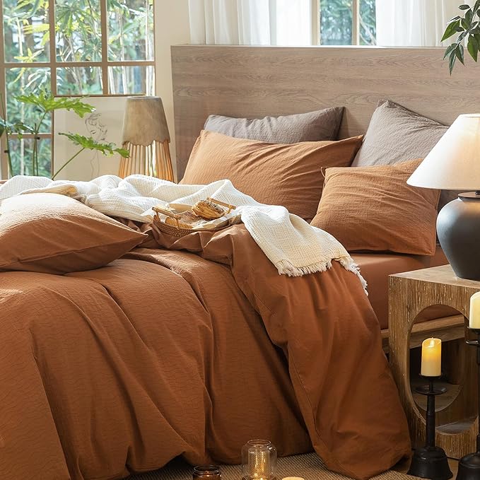 MooMee Wavy Striped Duvet Cover Set 100% Washed Cotton Linen Like Textured Breathable Durable Soft Comfy (Dark Orange, Queen 90"x90")