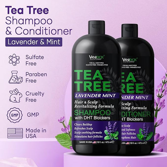 Tea Tree Shampoo and Conditioner Set with Lavender and Mint | DHT Blockers | With 100% Pure Tea Tree Oil for Itchy, Dry Scalp | Sulfate & Paraben Free | For Men & Women | 16 fl oz Each