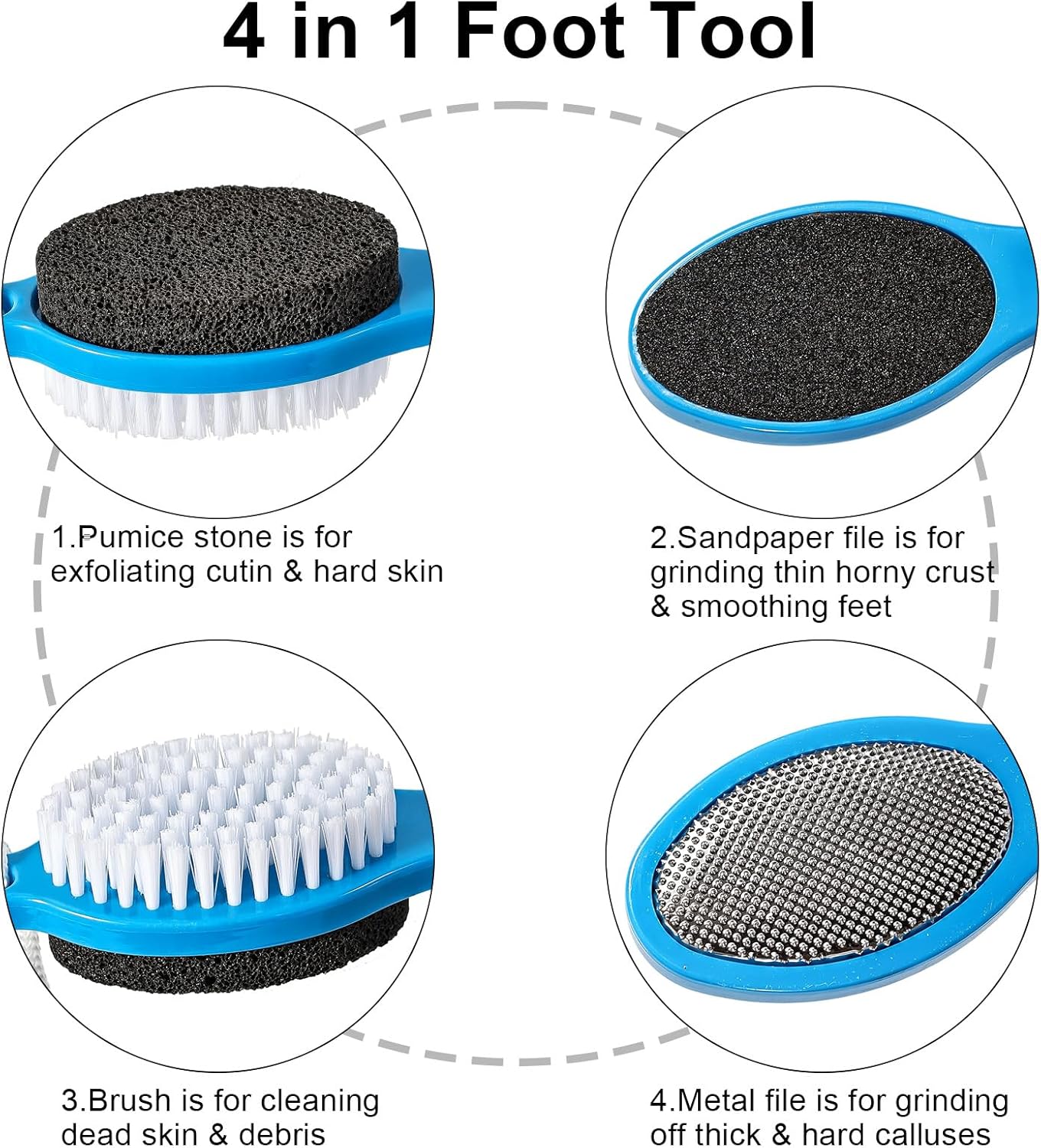 Pumice Stone Brush for Feet 4 in 1, Foot File Callus Remover, Foot Rasp and Sand Paper Pedicure Tools with Handle, Shower Foot Scrubber, Soft Smooth Feet for Home Foot Care,2 Pack