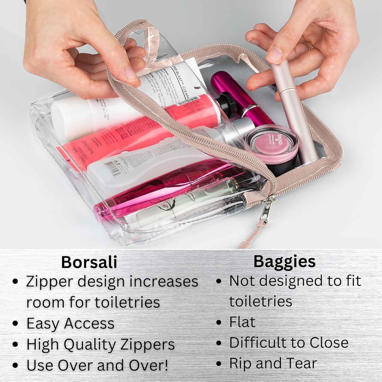 BORSALI TSA-Approved Quart-Sized Bag for Carry-On Travel - One (1) Quart Clear Toiletries, Cosmetic and 3-1-1 Liquids Toiletry Bag - Taupe