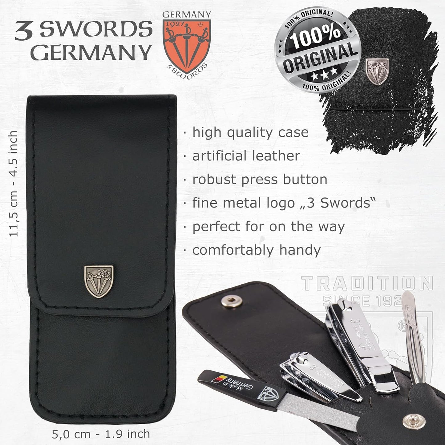 3 Swords Germany - Brand Quality 4 Piece Manicure Pedicure Grooming kit Set for Professional Finger & Toe Nail Care Tweezers File Clipper Fashion Leather case in Gift Box, Made by 3 Swords (77211)