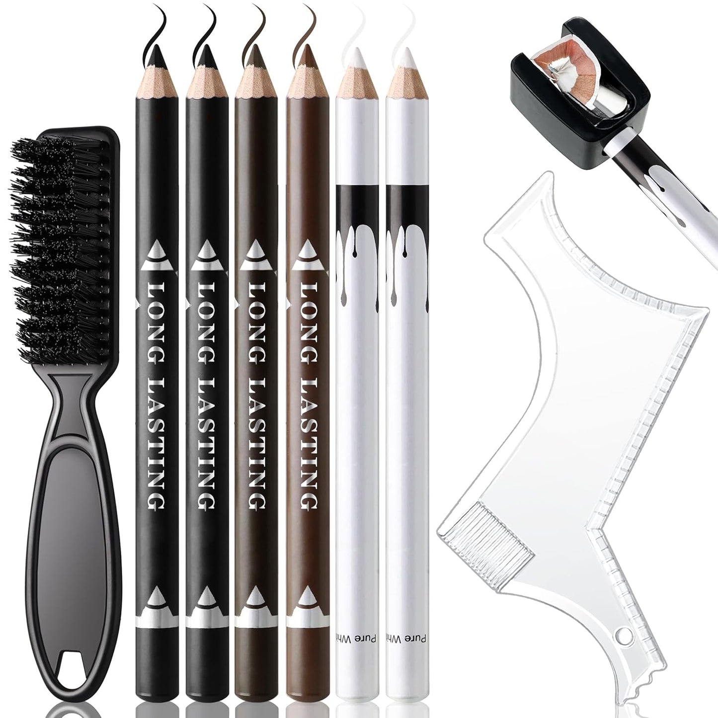 Barber Pencil for Lineup Magic Hairline Beard Guide Shaping Pencils Barber Chalk for Design Hairline Razor Trace Black Brown White Barber Pencils Set with Sharpener Ruler Brush for Men