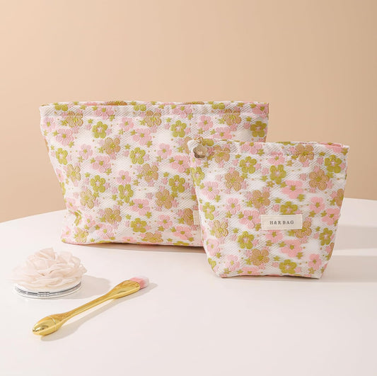 2 Pcs Makeup Bags, Large Cosmetic Bag Travel Toiletry Bag Organizer for Women, Embroidery Craft, Floral Makeup Bag Small Cosmetic Pouch Purse with Zipper Gifts for Girls Teen