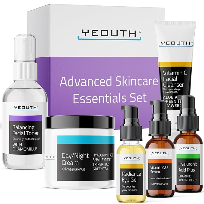 YEOUTH Skin Care Set: Hyaluronic Acid Serum, Vitamin C Serum, Face Cleanser, Toner, Under Eye Gel, Face Cream, 6-Piece Skincare Kit For Women & Men