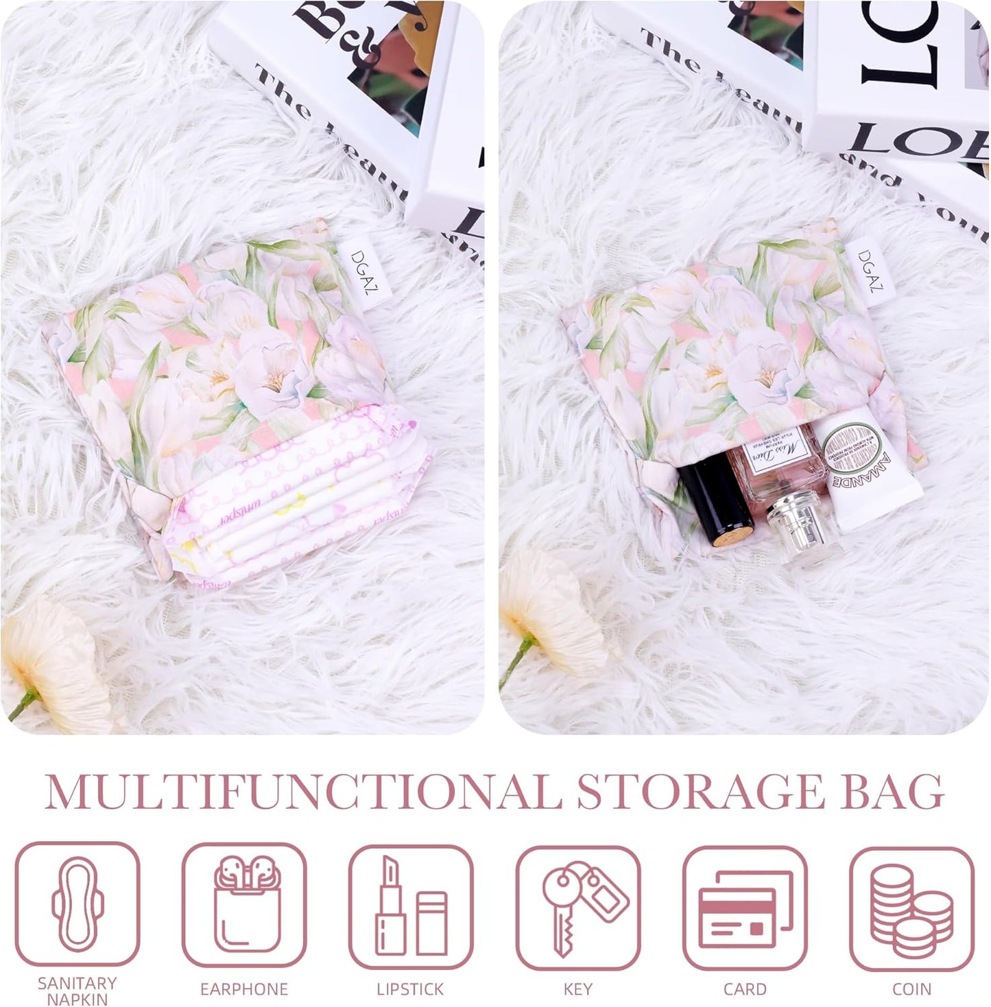 DGAZ Sanitary Napkin Storage Bag, Period Bag for Teen Aged Girls, Portable Period Bag for Panty Liners/Menstrual Cup/Small Tampons，Mini Makeup Bag for Purse(French Tulips)