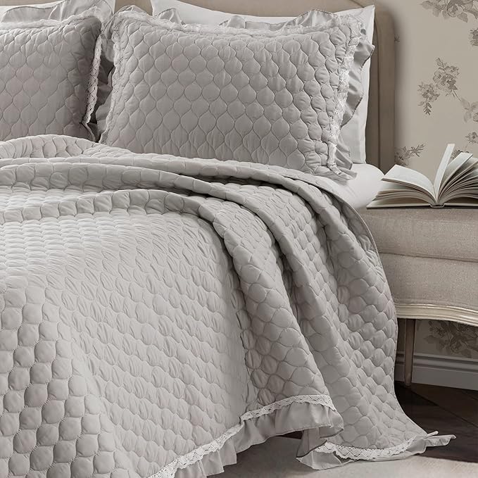 Lush Decor Ella Ruffle Lace Quilt, 3 Piece Set, King, Light Gray - Cute Quilt - King Bedding Set - Gray Bedding - Coquette Decor - Ruffle Trim - Lace Trim