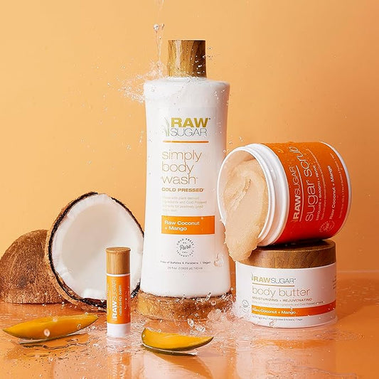 Raw Sugar Nourishing Raw Coconut + Mango Body Love Bundle - Body Wash, Body Scrub, Body Butter & Lip Balm, Clean, Made with Plant-Derived Ingredients, Formulated without Sulfates and Parabens