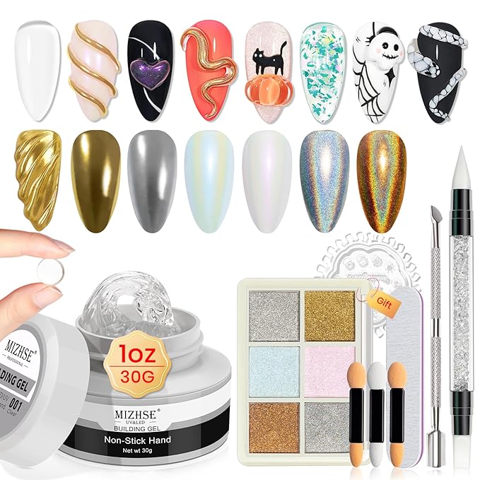MIZHSE Solid Builder Gel - 1 oz Clear Non Stick Hand Hard Gel with 6 Colors Chrome Nail Powder and Nail Form Extension Kit for Salon and Home DIY