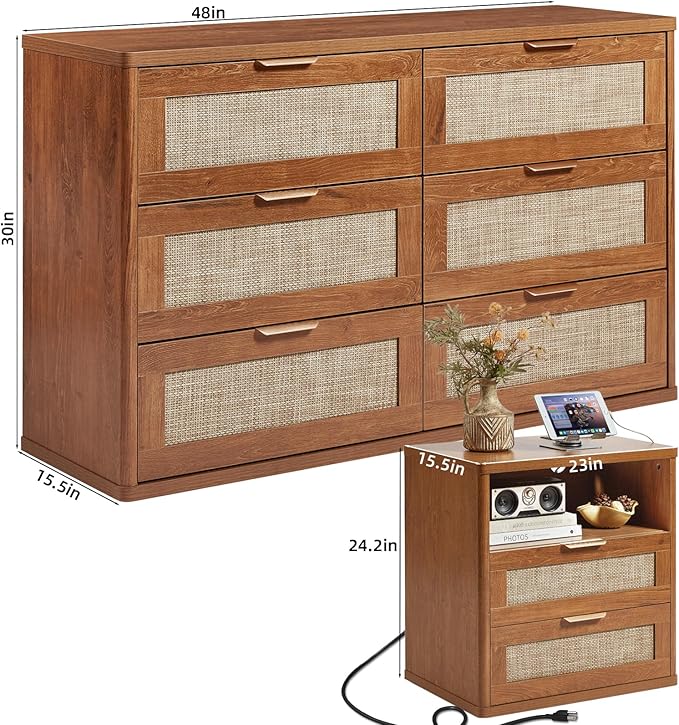 LEYAOYAO Rattan Dresser and Nightstand Sets 3 Piece, Boho Wood Dresser for Bedroom with 6 Drawers and Night Stand with Charging Station, Bedroom Furniture, Dressers & Chests of Drawers, Living Room