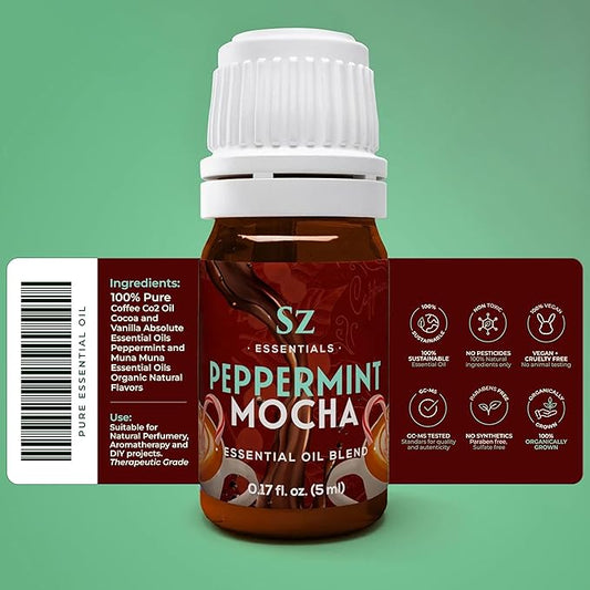 Peppermint Mocha Premium Essential Oil for Diffuser 100% Pure Essential Undiluted Oil - Extracted from Peppermint, Coffee, Cocoa with Vanilla Overtones - Plant Based - 0.17 Fl Oz (5ml)