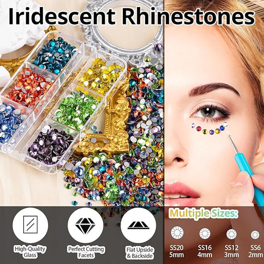 Colorful Face Gems for Makeup Set, Flatback Gorgeous Charming Mixed-Colored Crystals with Makeup Glue+Picker Pencil+Tweezer for Eye Body Hair Make-up and Nail Art Deco