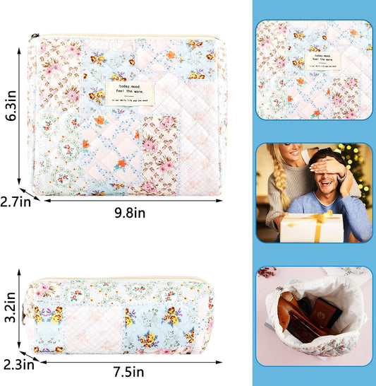 2Pcs Quilted Cotton Makeup Bag Large Travel Makeup Pouch Small Brush Holder Set for Women Cute Floral Coquette Makeup Bag Aesthetic Cosmetic Bag Flower Bee Toiletry Organizer Storage Bag Zipper Pouch