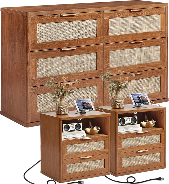LEYAOYAO Rattan Dresser and Nightstand Sets 3 Piece, Boho Wood Dresser for Bedroom with 6 Drawers and Night Stand with Charging Station, Bedroom Furniture, Dressers & Chests of Drawers, Living Room