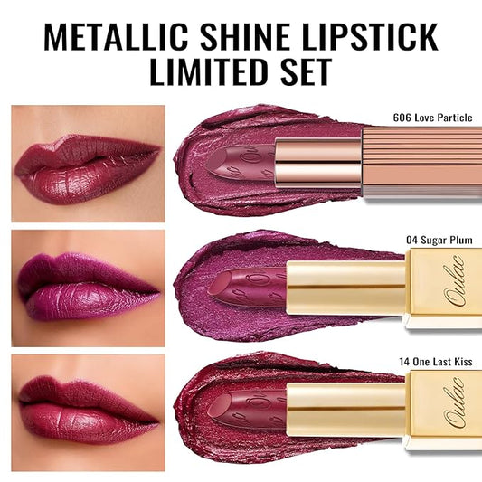 Oulac Metallic Puple Lipstick Set 3PCS, Comfortable Creamy Texture, Smooth No Grainy Feeling, Vegan & Gluten Free, Full-Coverage Lip Makeup, 3 X 4.3 g, 606+04+14
