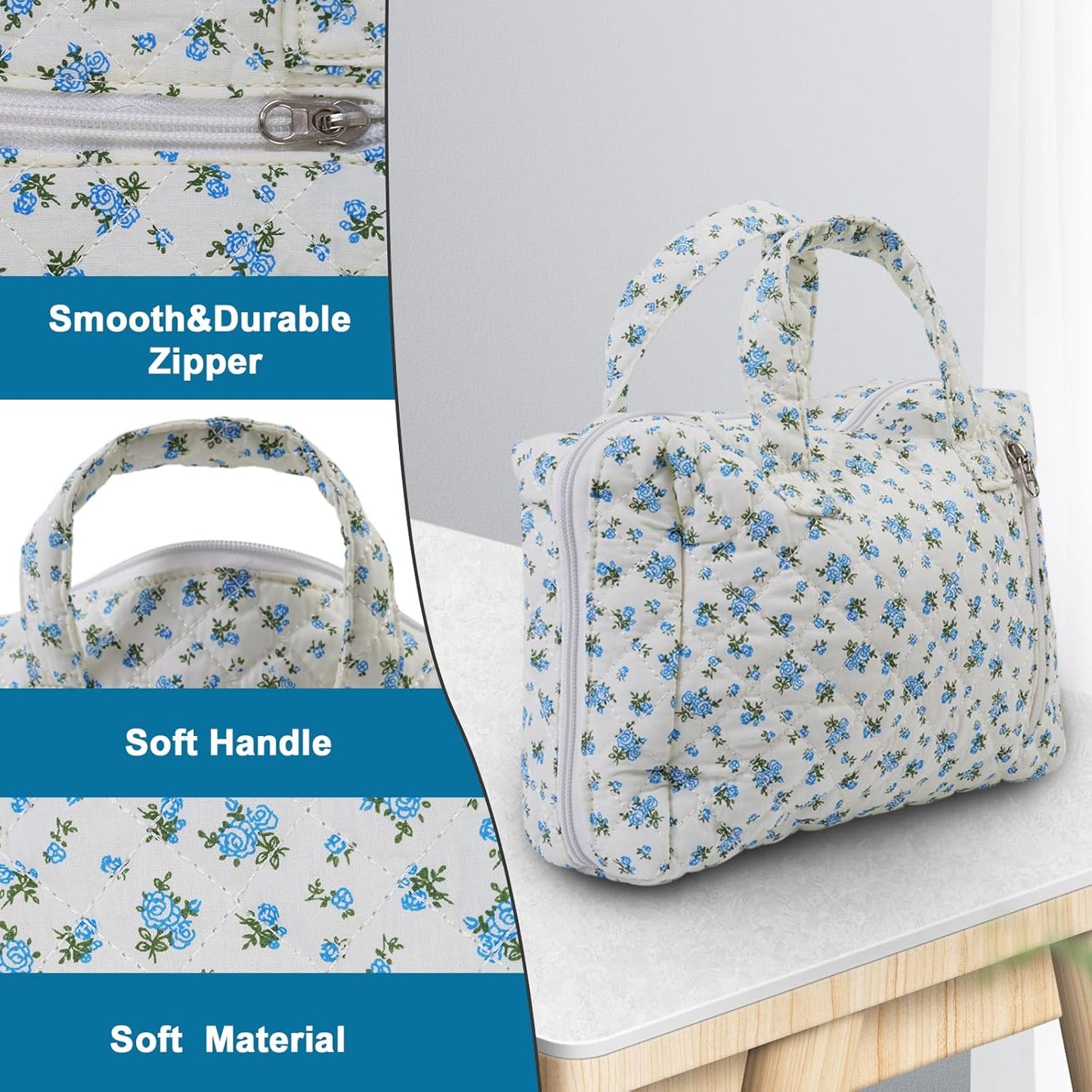 Cute Quilted Floral Makeup Bag(2Pcs)，Coquette Aesthetic Cosmetic Bag，Travel Toiletry Bags， Kawaii Aesthetic pouch for Women (13-Blue)