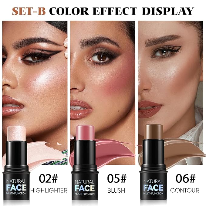 3Pcs Cream Contour Stick Makeup Kit - Cream Blush Stick Highlighter Stick Contour Bronzer Stick for Cheeks, Waterproof Long Lasting Blendable, Contour Stick Trio for Face Makeup (#02, 05, 06)