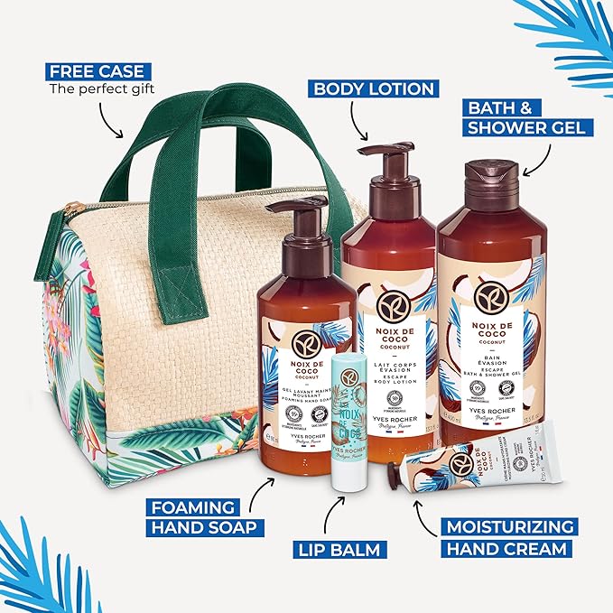 Yves Rocher Bain de Nature Coconut 6-Piece Gift Set, Shower Gel, Hand Cream, Body Lotion, Lip Balm, Hand Soap & Vanity Bag, 6 Items
