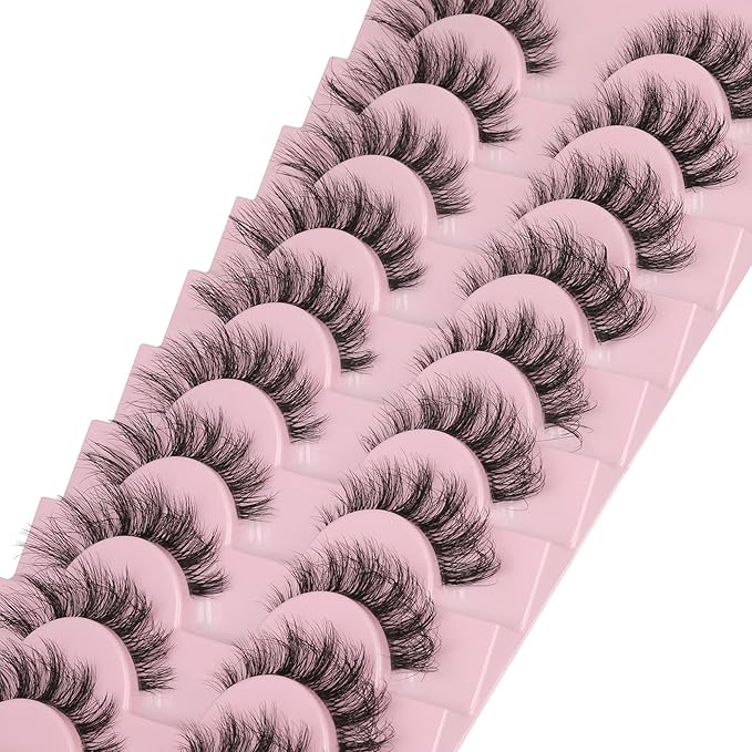FANXITON Mink Lashes with Clear Band 15 MM 10 Pairs Cat-Eye Lashes Natural Look False Eyelashes Pack Wispy Eyelashes 3D Faux Mink Eyelashes