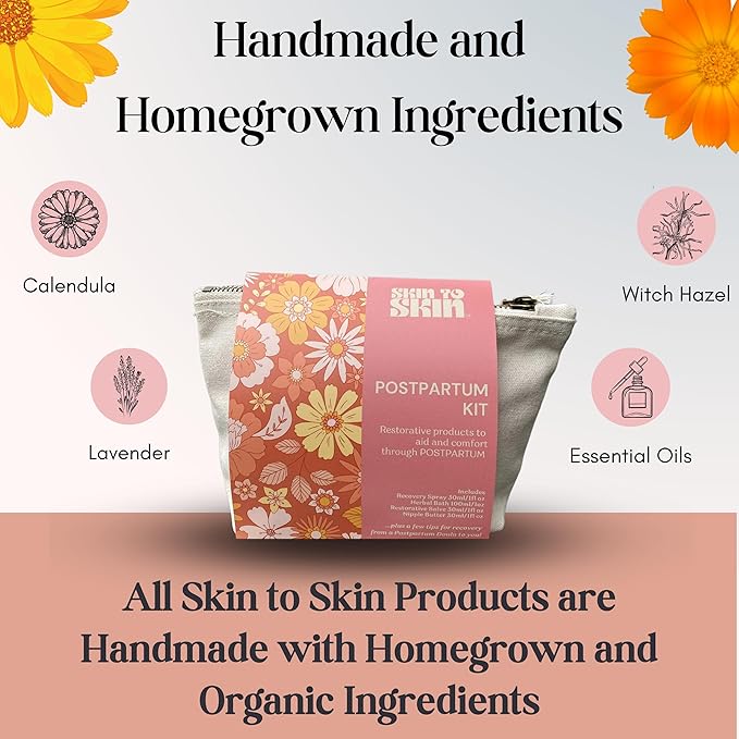 Skin to Skin Postpartum Kit-4 Piece Set in Cosmetic Bag - Postpartum Recovery - Includes: Herbal Bath, Recovery Spray, Restorative Salve, and Nipple Butter - Postpartum Care Kit - After Birth Care Kit