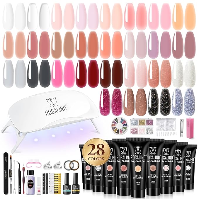 ROSALIND 28 Colors Poly Nail Gel Kit with Mini U V/LED Lamp White Nude Poly Nails Gel Kit Starter Kits With Slip Solution Pink Extensions Set for Nail Manicure Beginner