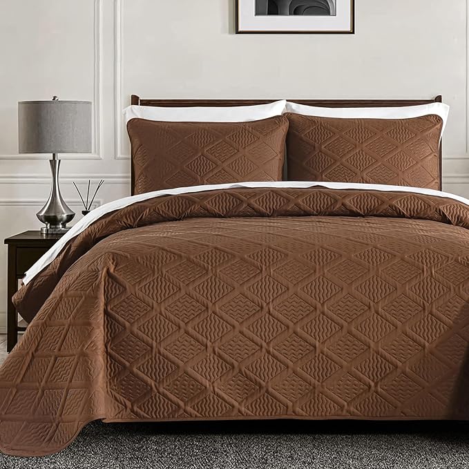 Yiran Brown Quilt Set King Size, 3 Piece Reversible Bedspreads Bedding Set, Winter Diamond Pattern Coverlet for All Season with 2 Pillow Shams (King, 106x96 Inch)