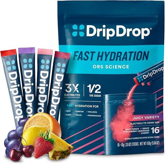 DripDrop Hydration Packets - Juicy Variety Pack - Single Serve Electrolytes Powder Drink Mix - Grape, Fruit Punch, Strawberry Lemonade, Cherry - Non-GMO, Gluten Free, Vegan - 16 Sticks