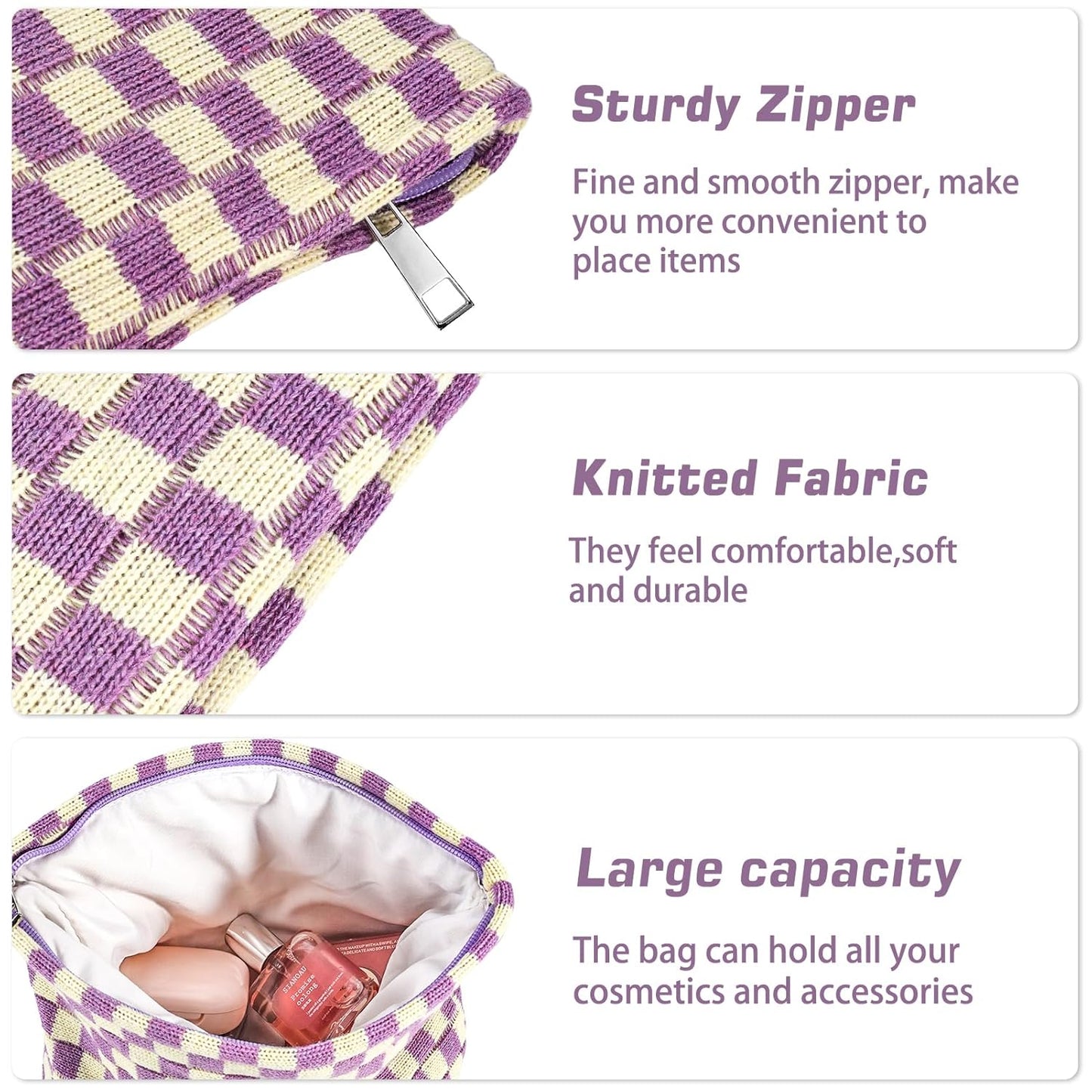 ZLFSRQ 2Pcs Checkered Makeup Bag for Women Large Small Checkered Cosmetic Bag Set Aesthetic Preppy Pencil Case Cute Pencil Pouch Purple Makeup Pouch for Purse Travel Toiletry Bags Zipper Skincare Bags