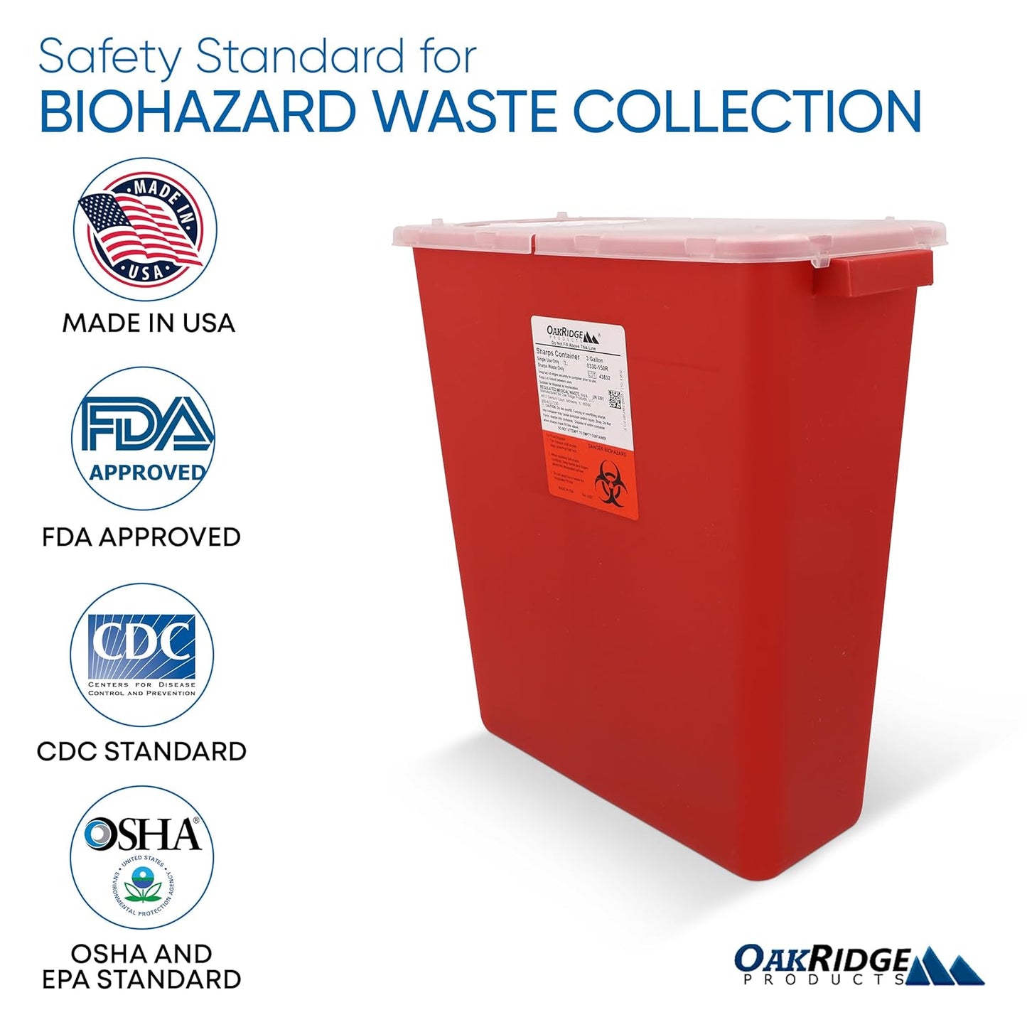 Oakridge Products Large Sharps Container for Home Use and Professional 3 Gallon (10-Pack) with Rotating lid, Biohazard Needle and Syringe Disposal, CDC Certified, Wholesale Business Bundle