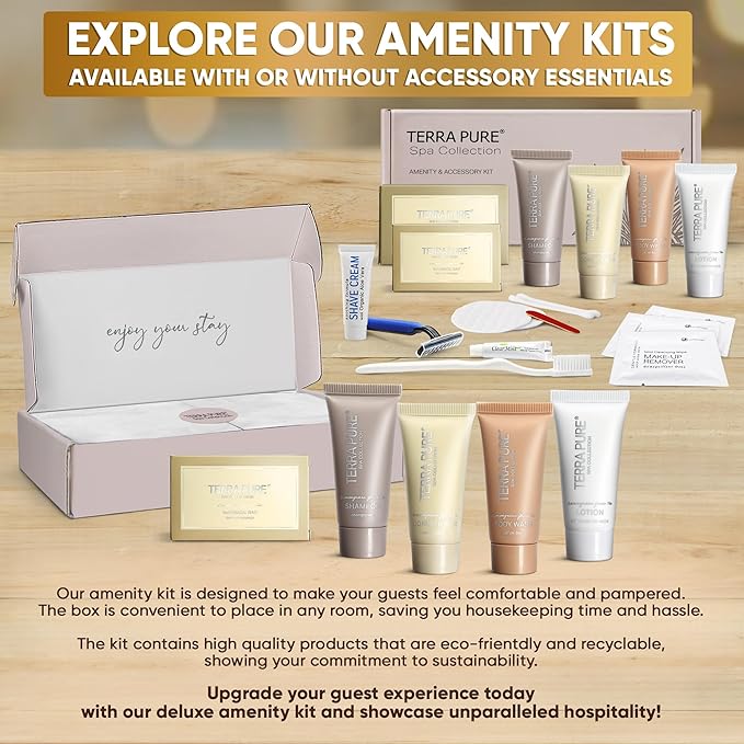 Terra Pure Spa Collection Amenity & Accessory Kit |1 oz Travel Size Shampoo, Conditioner, Lotion, Body Wash, 2 Soap Bars, Shave & Dental Sets, Make-Up Remover Wipes, & Vanity Kit | 15 sets/case