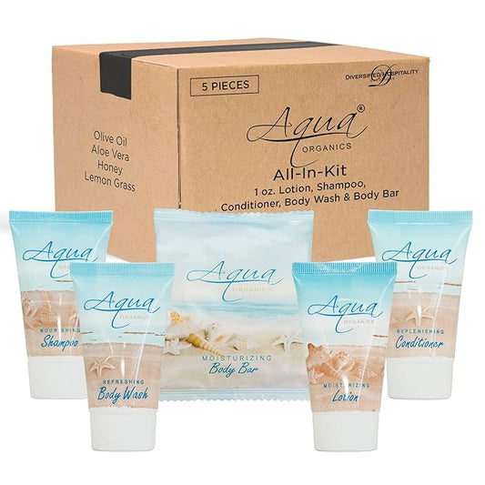 | Aqua Organics Hotel Soaps and Toiletries Bulk Set | Amenities for Hotels & Airbnb | 1oz Hotel Shampoo & Conditioner, Body Wash, Body Lotion & 1oz Bar Soap Travel Size | 5 Pieces