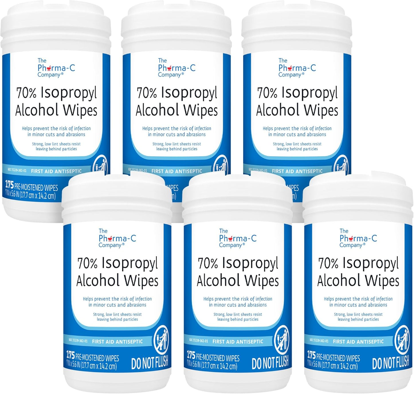 The Pharma-C Company - 70% Isopropyl Alcohol Wipes - Bulk Large Durable IPA Wipes. First-Aid Antiseptic Wound Cleaner with Moisture Lock Lid. (Case of 6 Canisters)