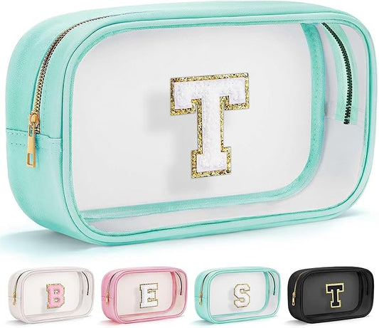 YOOLIFE Initial Make Up Bag Travel Toiletry Bag, Clear Makeup Bag Preppy Cosmetic Bags Organizer Travel Essentials Gifts for Women Teen Girlfriend Teacher Mom Birthday 12 Year Old Girl Gifts Blue T