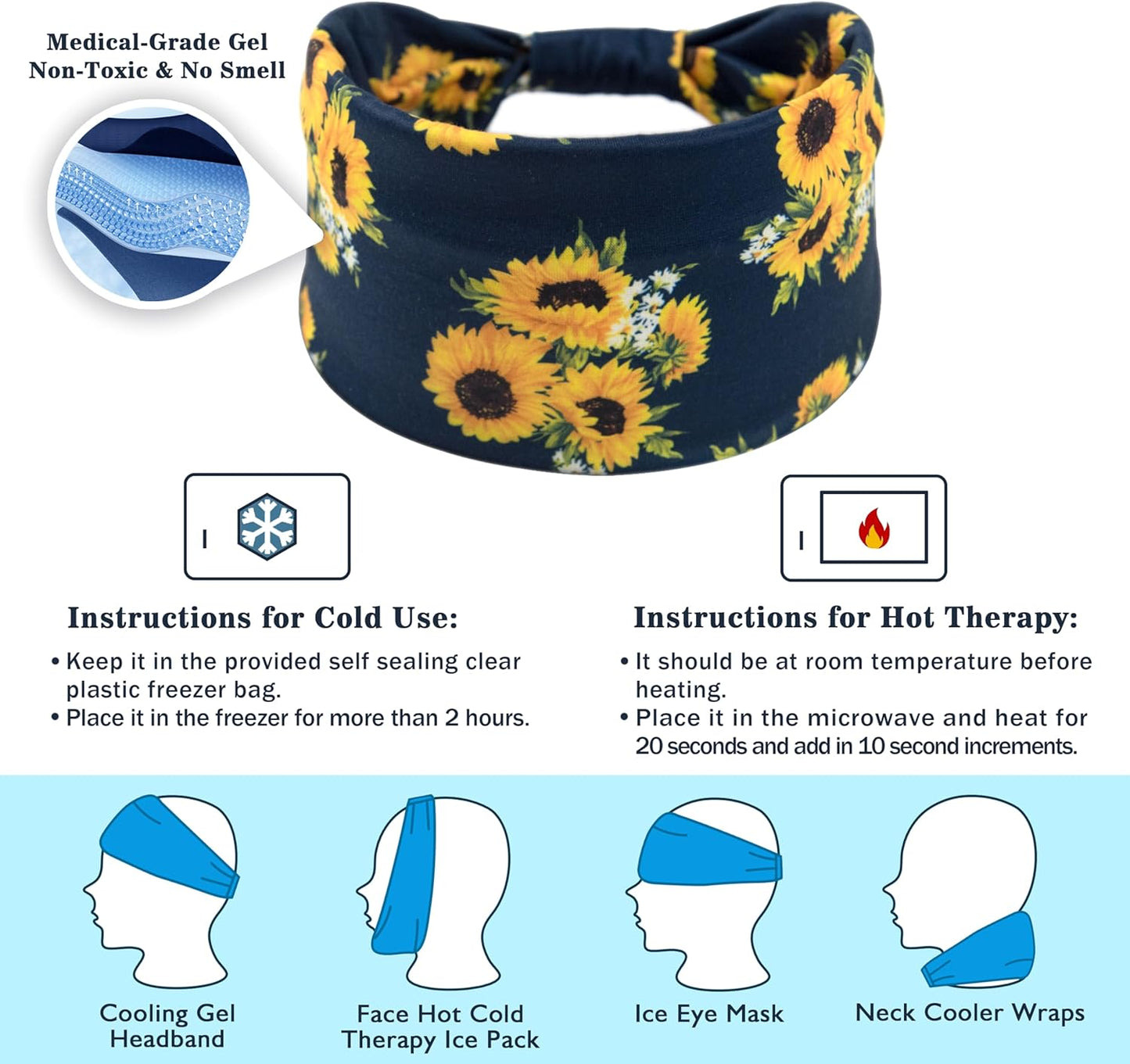 Crimmy Migraine Headache Relief Cap, Cooling Gel Headband Neck Wrap Hat Mask, Soothing Ice Pack Head Face Cold Compress for Tension Stress & Hangover