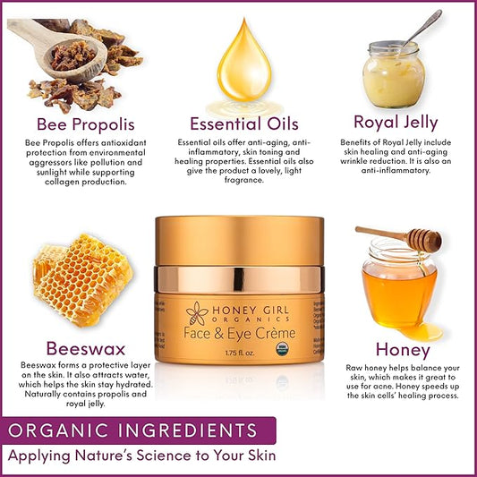 Honey Girl Organics Face & Eye Crème, USDA Certified Organic Facial Moisturizer & Under Eye Cream for Wrinkles, Dark Circles and Puffiness w/Hydrating Honey, Beeswax, Essential Oils & EVOO. 1.75oz