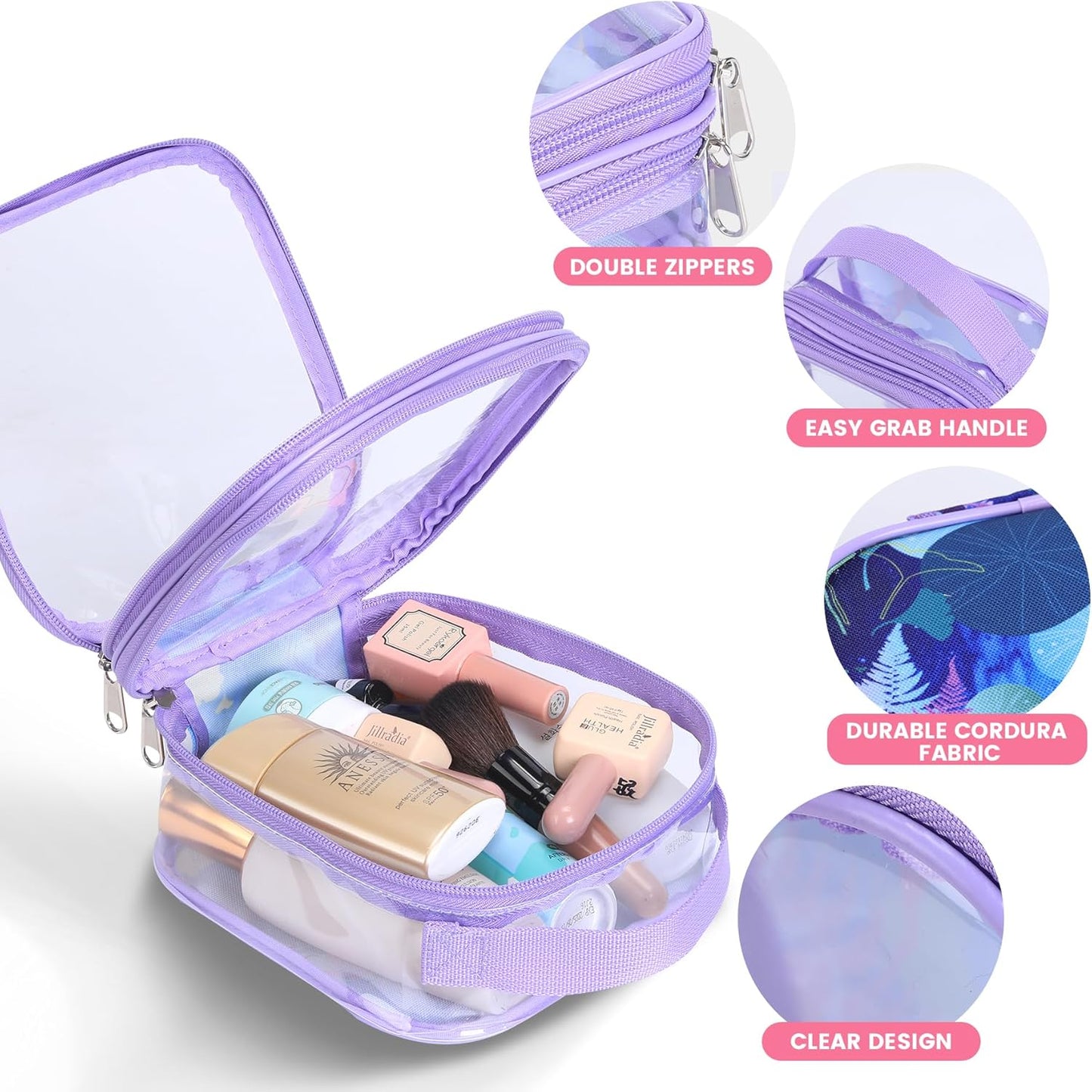 TSA clear toiletry bag airport approved see through pvc plastic pouch transparent makeup carry on with handle(purple)