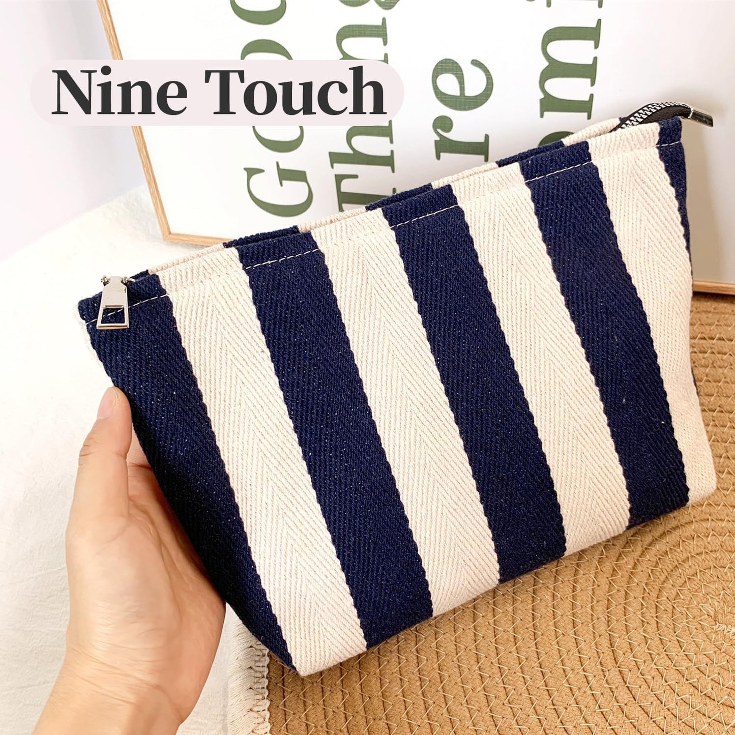 Blue Striped Makeup Bag for Women, Canvas Cosmetic Bag, Large Zipper Pouch(10.6" * 7.1" * 2.8"), Make Up Bag for Purse, Perfect for Storing Makeup And Accessories, Makeup Bag for Daily Travel Gifting