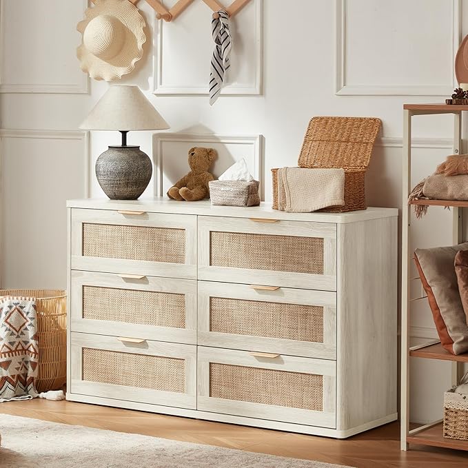 LEYAOYAO Rattan Dresser and Nightstand Set of 2, Boho Wood Dresser for Bedroom with 6 Drawers and Night Stand with Charging Station, Bedroom Furniture, Dressers & Chests of Drawers,Living Room,Hallway