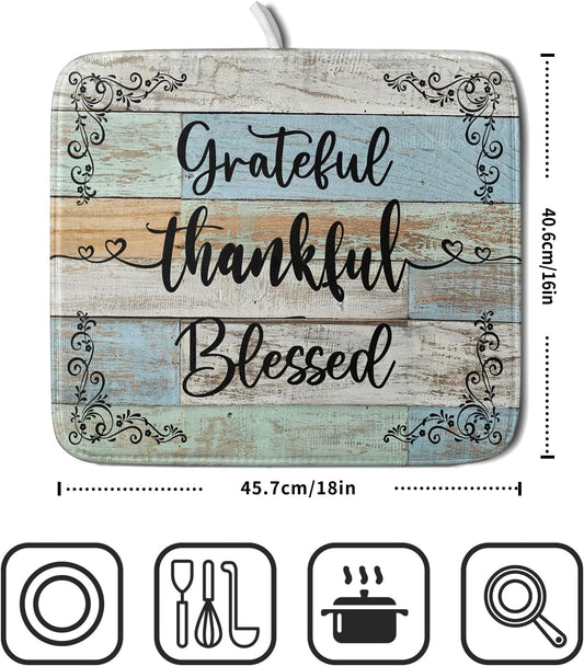Rustic Wood Dish Drying Mat 16x18 Inch Grateful Thankful Blessed Kitchen Drainer Mats Absorbent Microfiber Rack Holder Countertop Pad