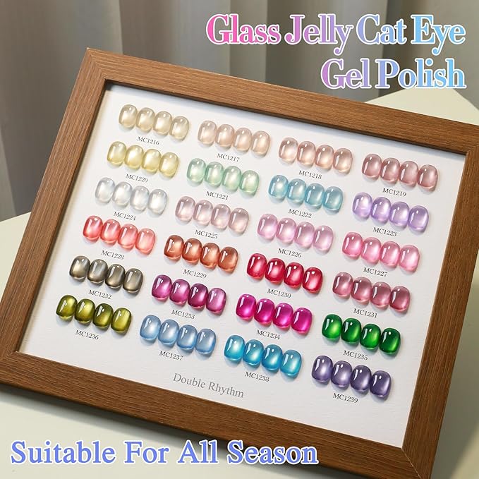 Double Rhythm 28Pcs 0.5Oz Glass Cat Eye Gel Nail Polish Set Same Color Same Bottle Soak Off Magnetic Jelly Gel Polish Kit Nail Art Manicure Salon DIY at Home (Nude Pink Blue Green-T24-10)