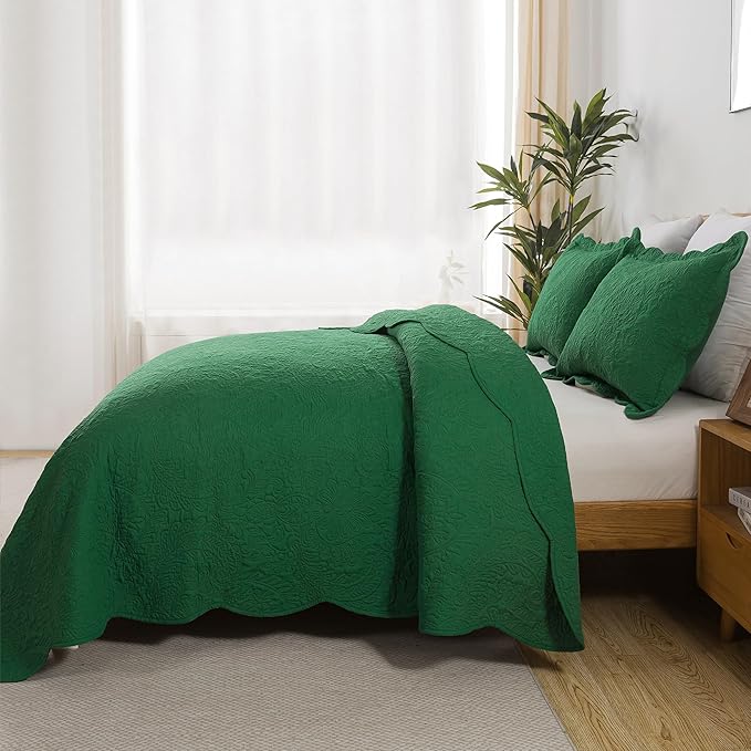 HoneiLife King Size Quilt Sets - 3 Piece Microfiber Quilt Set Lightweight Bedspreads Reversible Coverlets Rustic Bed Cover King Quilt Bedding Set All Season Quilts-Green