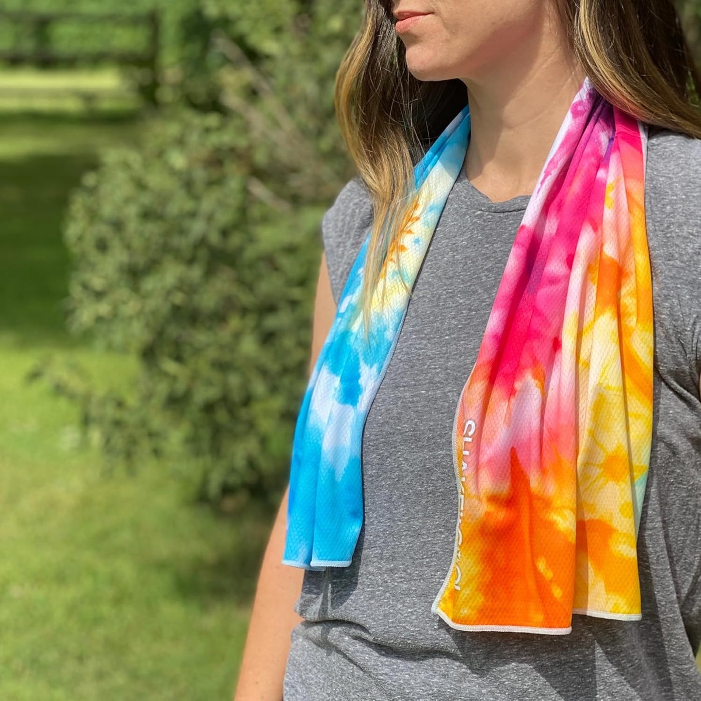 SHAKEitCOOL Extended Size Cooling Towel – Be Cool in Style - Heat Relief, Soft, Lightweight, Sun Protection, Easy Clean - Perfect for Biking, Hiking, Running, Yoga, Golf, Gardening - Tie Dye Ring M