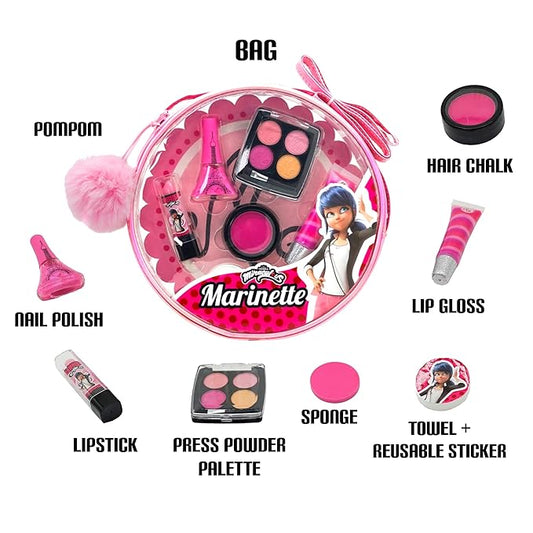 Miraculous Ladybug Kids Makeup Set - 10 Piece Bag with Nail Polish, Hair Chalk, Stickers & More - Safe, Non-Toxic Pretend Play Cosmetics - Marinette Themed Makeup Kit for Children