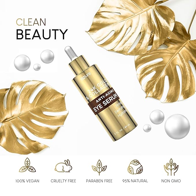 AZURE 24K Gold & Collagen Anti Aging Eye Serum - Firming, De-Puffing & Hydrating | Reduces Wrinkles, Fine Lines & Under Eye Bags | Minimize Signs of Aging | Made in Korea - 60mL