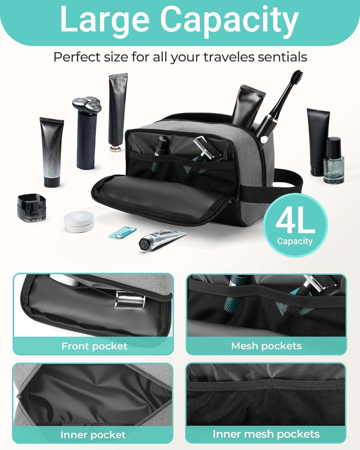 Elviros Travel Toiletry Bag for Men Hanging Dopp Kit Shaving Bag Toiletries Organizer Small Toiletry Bag for Traveling (Denim Grey)