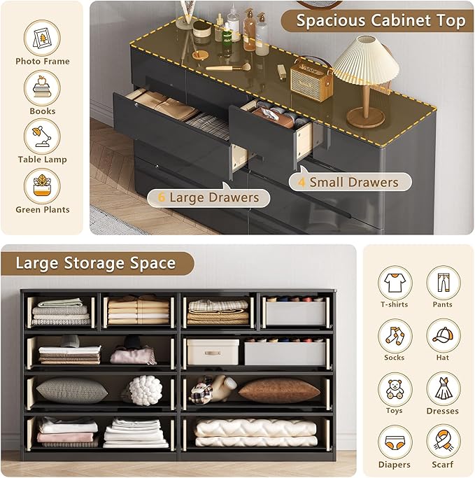 10 Drawer Black Dresser for Bedroom, 55" Long Dresser Chest of Drawers,Large High Gloss Modern Storage Cabinet with Big Drawers Handle Free,Living Room, Entryway, Hallway