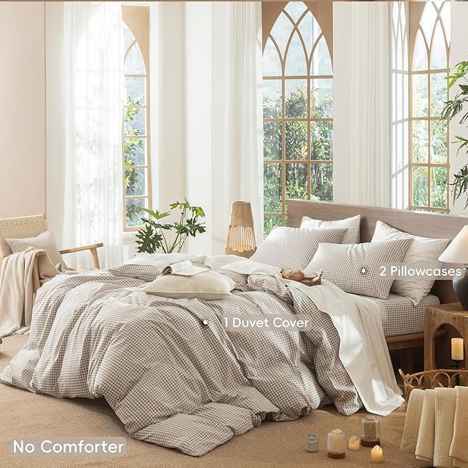 MooMee Gingham Duvet Cover Set 100% Washed Cotton Linen Like Textured Breathable Durable Soft Comfy Modern Checkered Design (Mini Gingham Tannish Linen Grey, Oversized Full 82"x86")