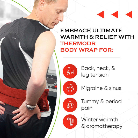 Microwavable Heating Pad for Neck, Back, & Shoulders - Heating Bean Bag Microwavable Pillow w/Elasticated Strap - Wheat & Unscented Heating Pad Wrap - ThermoDR, Red