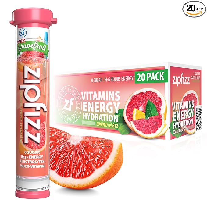 Zipfizz Daily Energy Drink Powder, Pink Grapefruit, 20 Pack | 3-in-1 Sustained Energy, Rapid Hydration, and Essential Vitamins | Sugar-Free | Electrolyte Powder | Contains Vitamin B-12 & Antioxidants