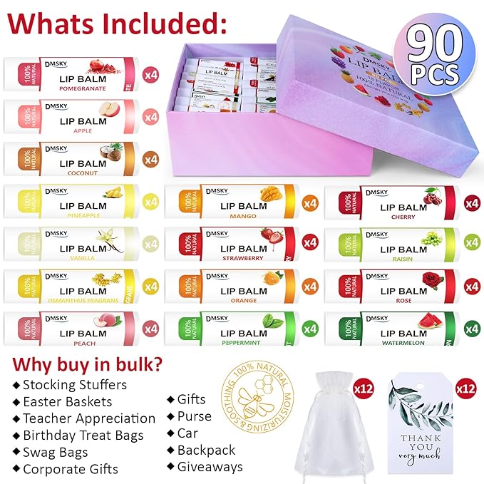 DMSKY 90 Pack Lip Balm, Natural Lip Balm Bulk with Vitamin E and Coconut Oil, Moisturizing Soothing Chapped Lips, Gifts for Women Stocking Stuffers Party Favors