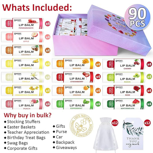 DMSKY 90 Pack Lip Balm, Natural Lip Balm Bulk with Vitamin E and Coconut Oil, Moisturizing Soothing Chapped Lips, Gifts for Women Stocking Stuffers Party Favors